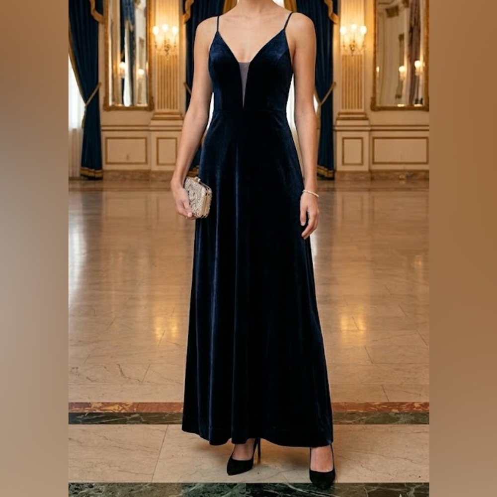 B&A By Betsy & Adam Blue Velvet Illusion-Inset Gown Dress Size 14 Prom